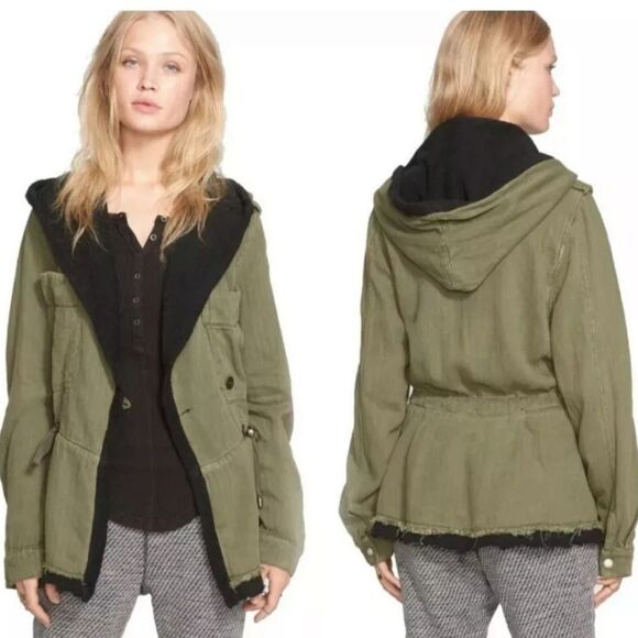 Free People Drawcord Waist Slouchy Jacket Med Olive Green Fleece Interior Hood - Picture 1 of 10